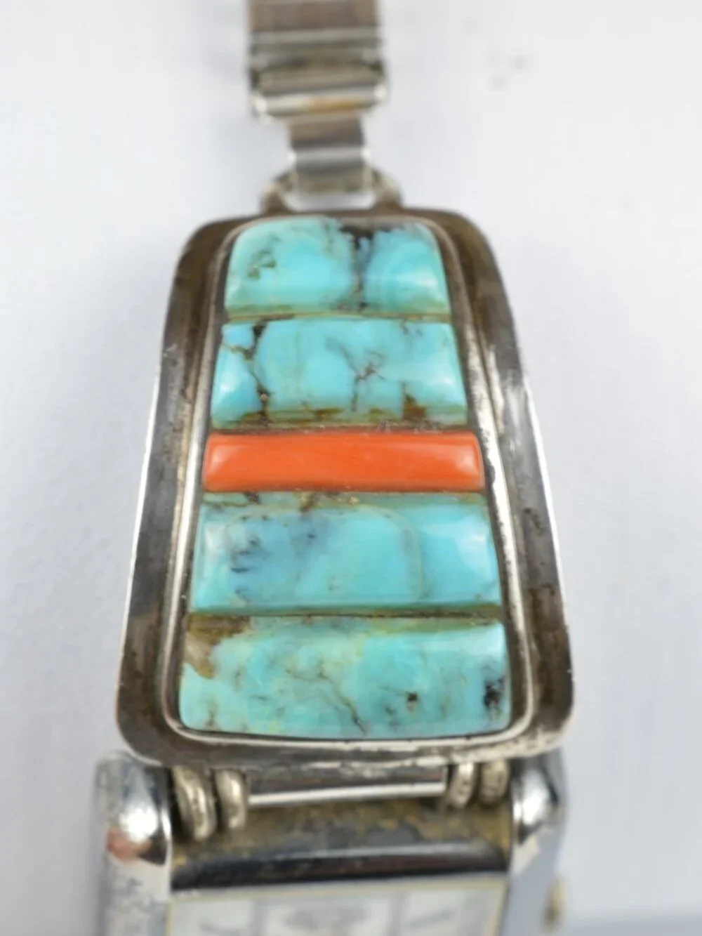 VTG Navajo Harry Bert Sterling Silver Turquoise Coral Cobble Inlay Watch Tips